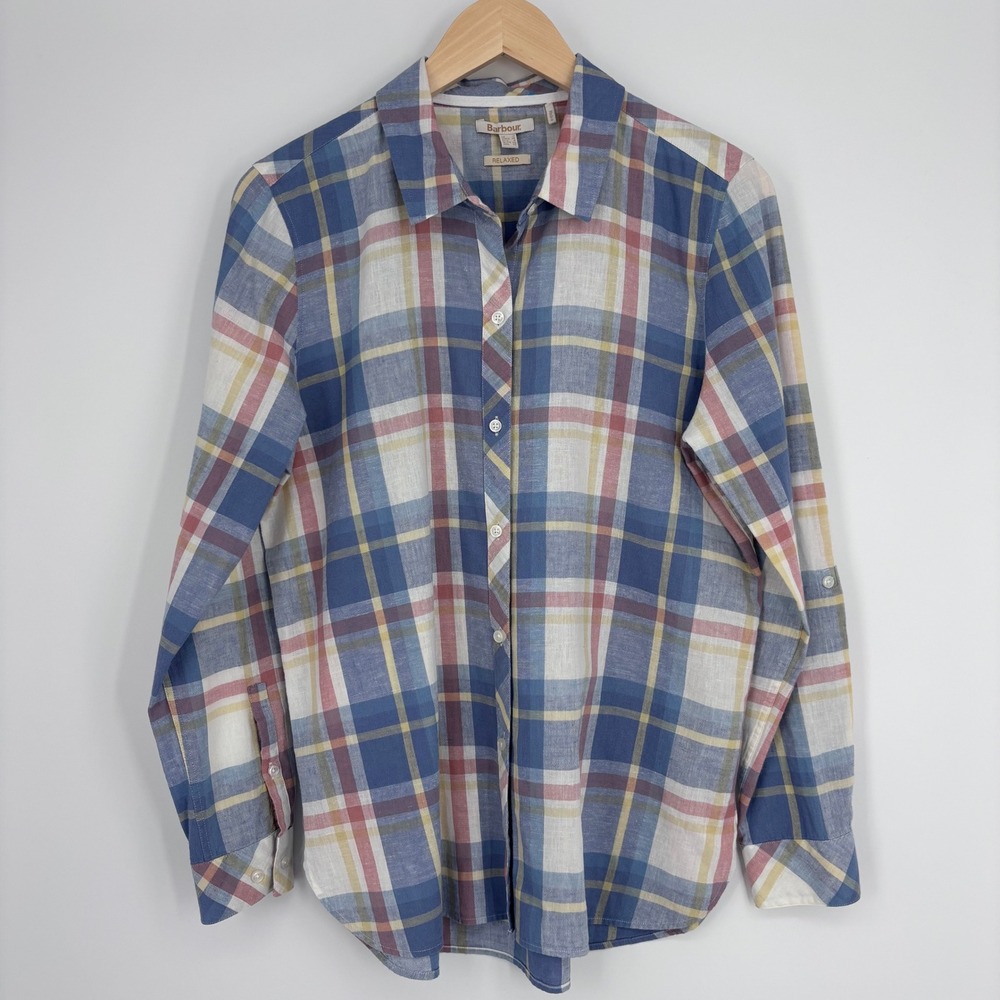 Barbour Seaglow Linen Blend Shirt Womens 8 Blue Plaid Relaxed Button Up Preppy